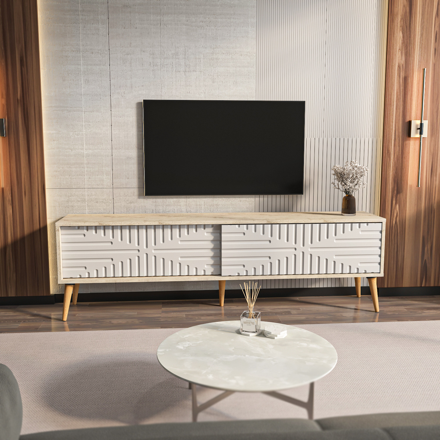 Riso Modern Tv Unit - Walnut And Traverter