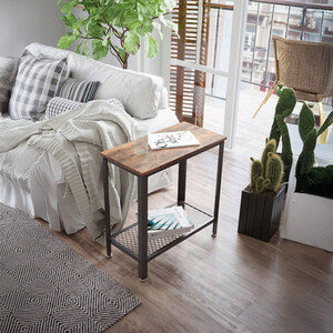 VASAGLE Rustic Side Table with Mesh Shelf