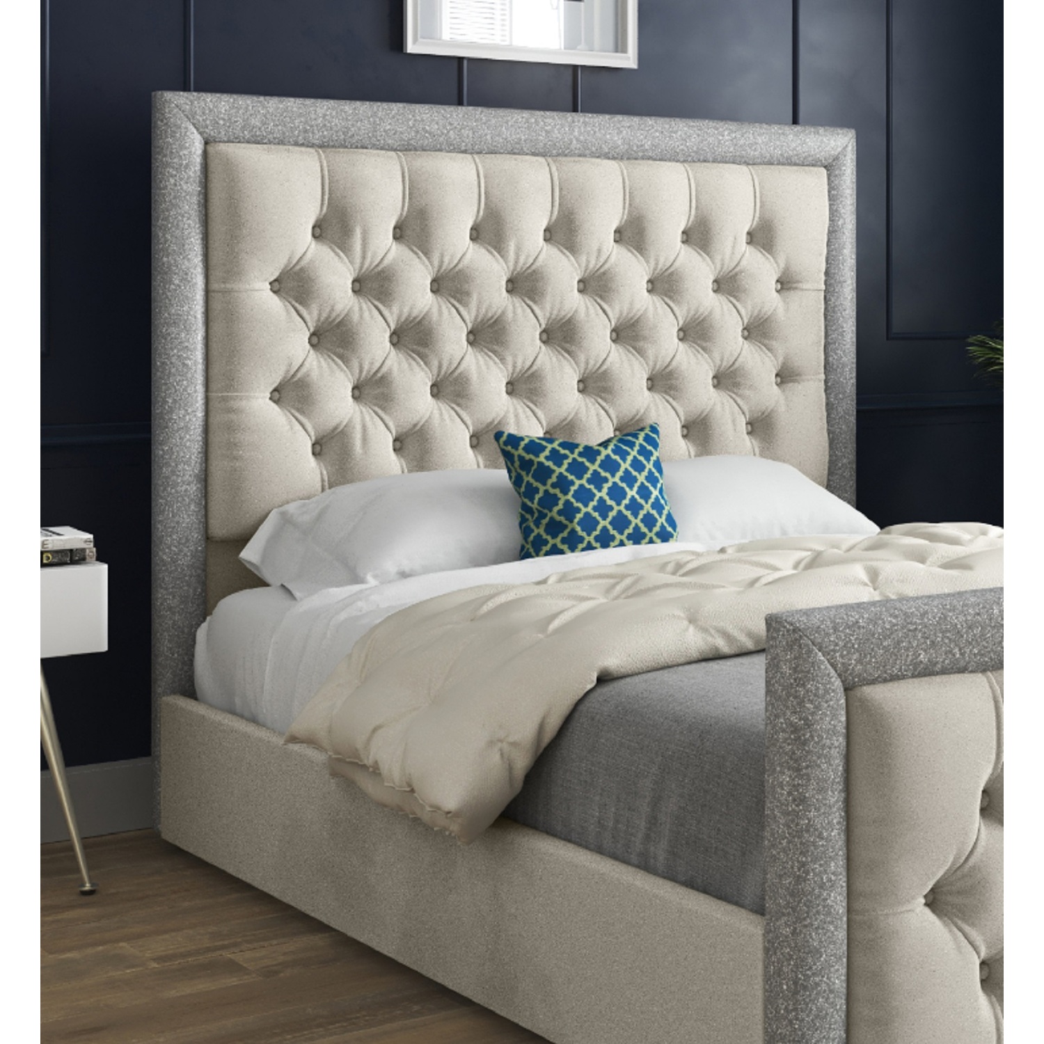 Rincon Glitter Border Upholstered Velvet Bed Frame - Cream Double