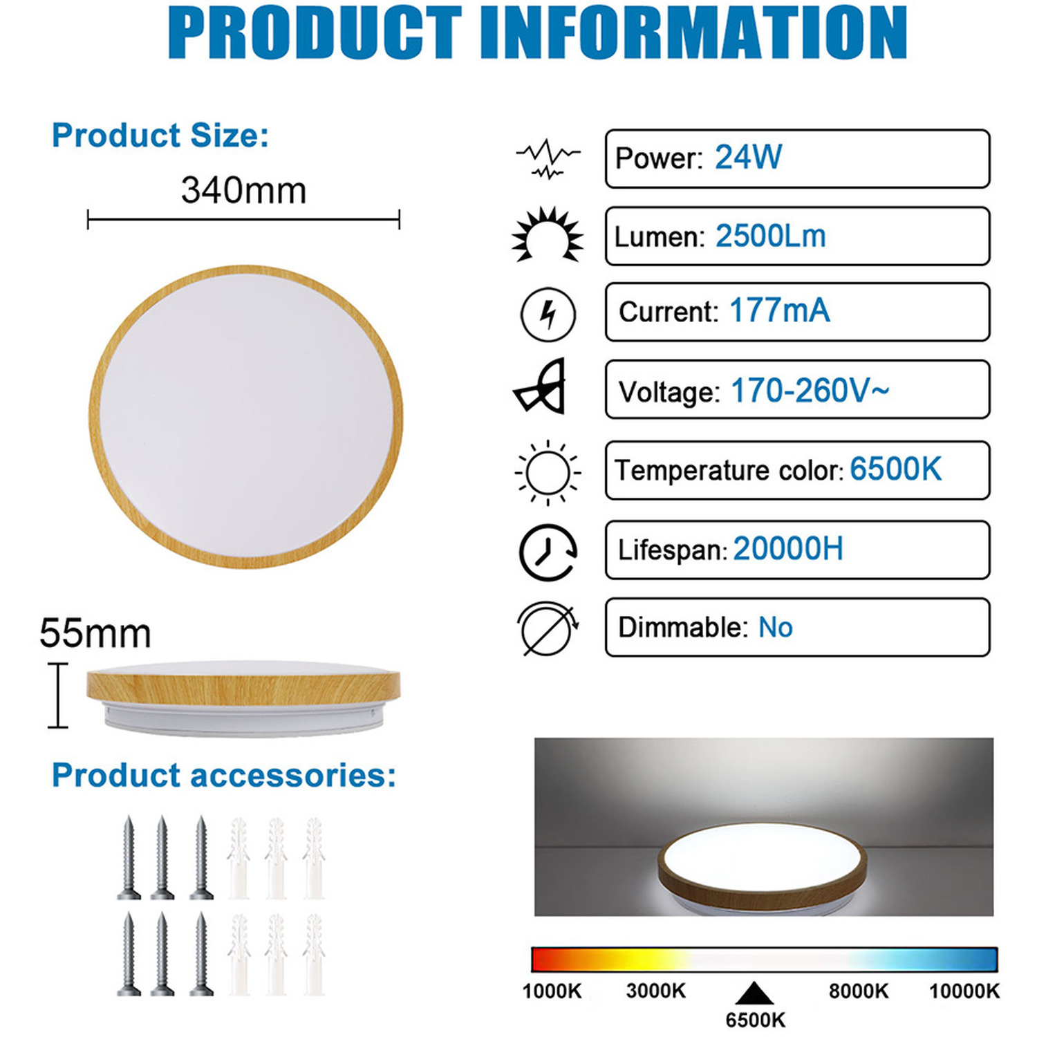 Modern Led Ceiling Light Round Wood Effect Flush Mount - Neutral