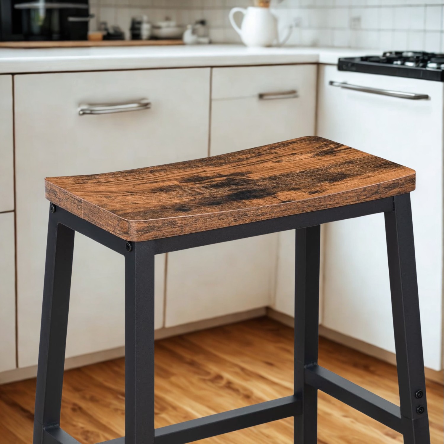 Set Of 2 Kitchen Counter Height Breakfast Bar Stools With Footrest Brown - Rustic Brown 60cm