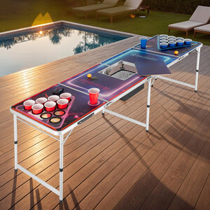 Beer Pong Table - Ice Box, LED Lighting, Cup Holders, 100 Cups, 6 Balls