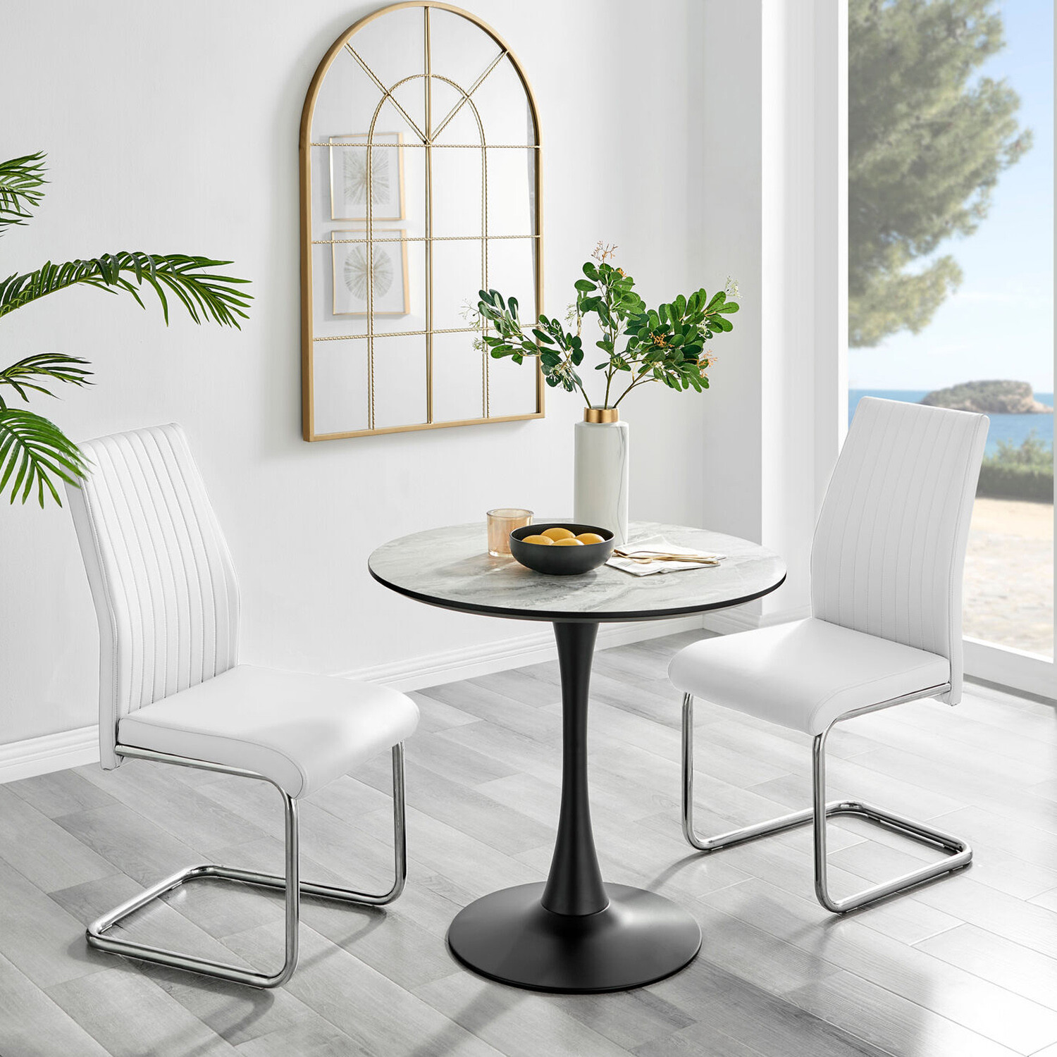 Furnitureboxuk Elina White Marble Effect Round Dining Table And 2 Lorenzo Chairs - White