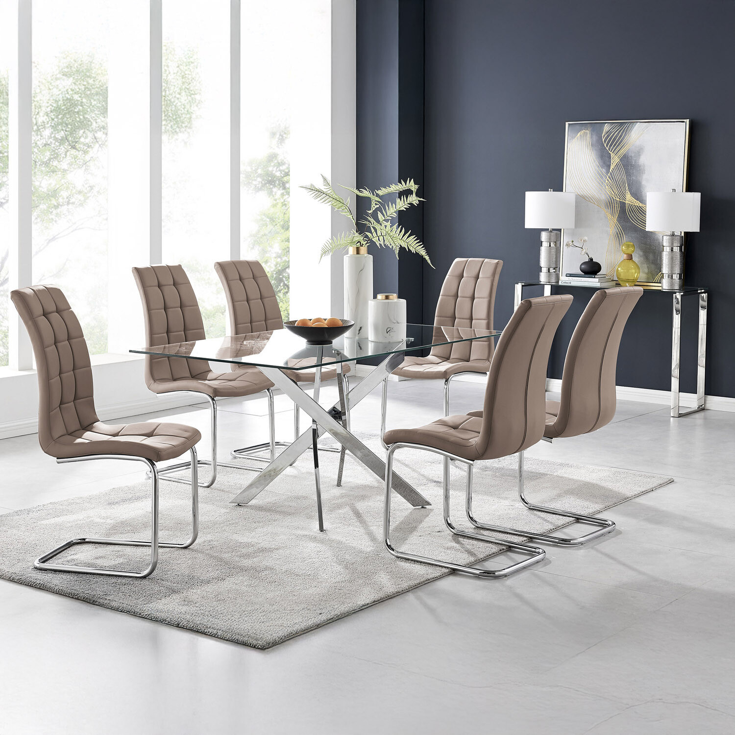 Leonardo Glass And Chrome Metal Dining Table With Six Murano Chairs - Cappuccino