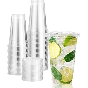 Pack Of 50 Plastic Strong Smoothie Cups With Flat Lids Clear