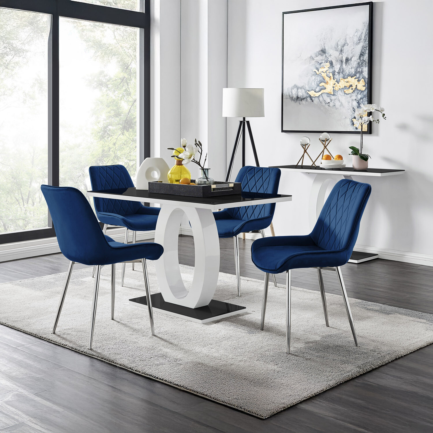 Giovani Black Dining Table With Four Pesaro Silver Leg Chairs - Navy