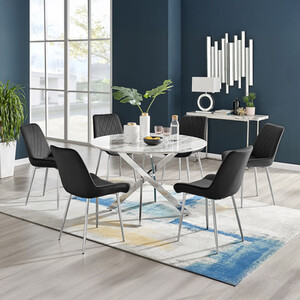 Novara White Marble Effect 120cm Dining Table 6 Pesaro Silver Chairs