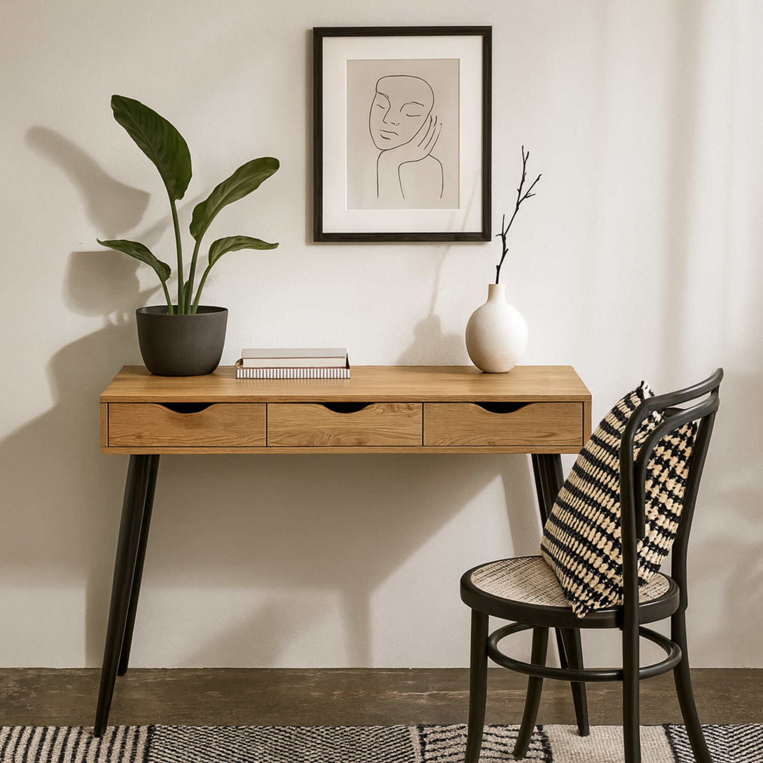 Dresden Oak-Effect Office Desk, 3 Drawers, Matte Black Legs - Neutral