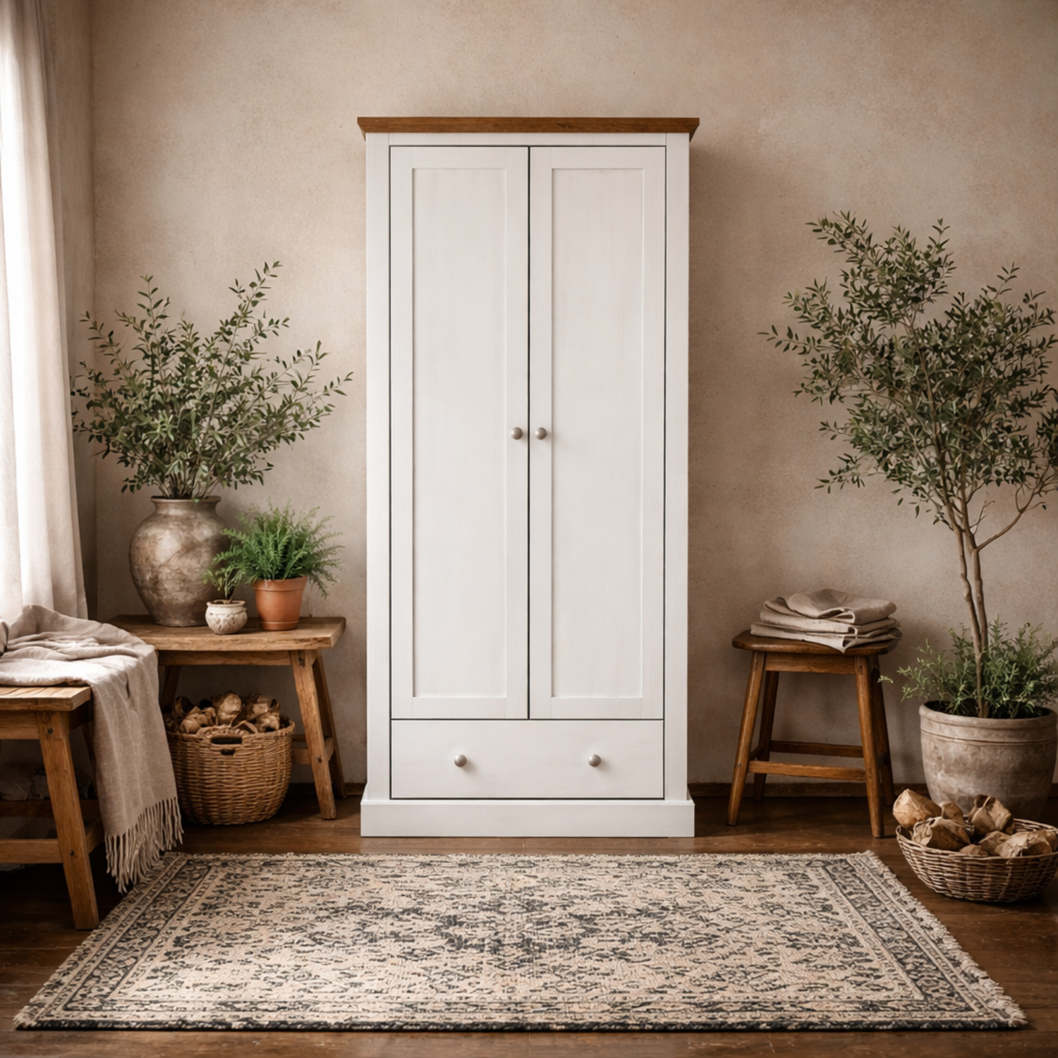 Ardee 2-Door Wardrobe with 1 Drawer, White and Natural Oak - White and Natural