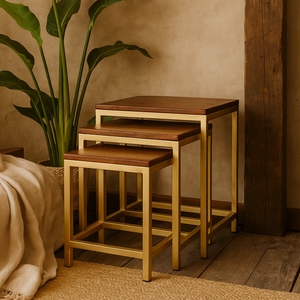 Altomonte Set of 3 Mango Wood Nesting Side Tables, Chestnut Matt Tops, Gold Bases
