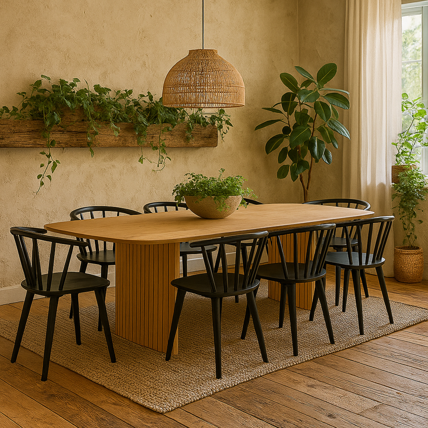 Wyld Haus Swansea 220cm Oak Veneer Dining Set with 6 Black Rubberwood Chairs - Natural