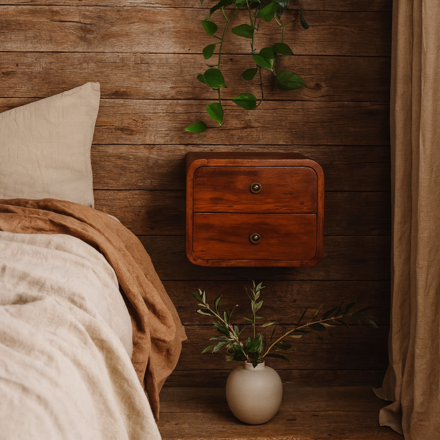 Kamala Floating Mini Chestnut Mango Wood Bedside Table 2 Drawers - Brown