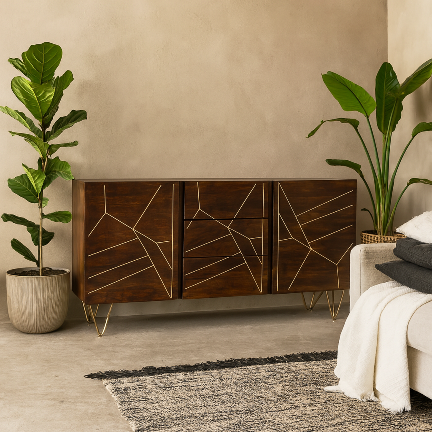 Bandung Sideboard Dark Mango Wood with Gold Inlays 3 Drawers 2 Doors - Brown