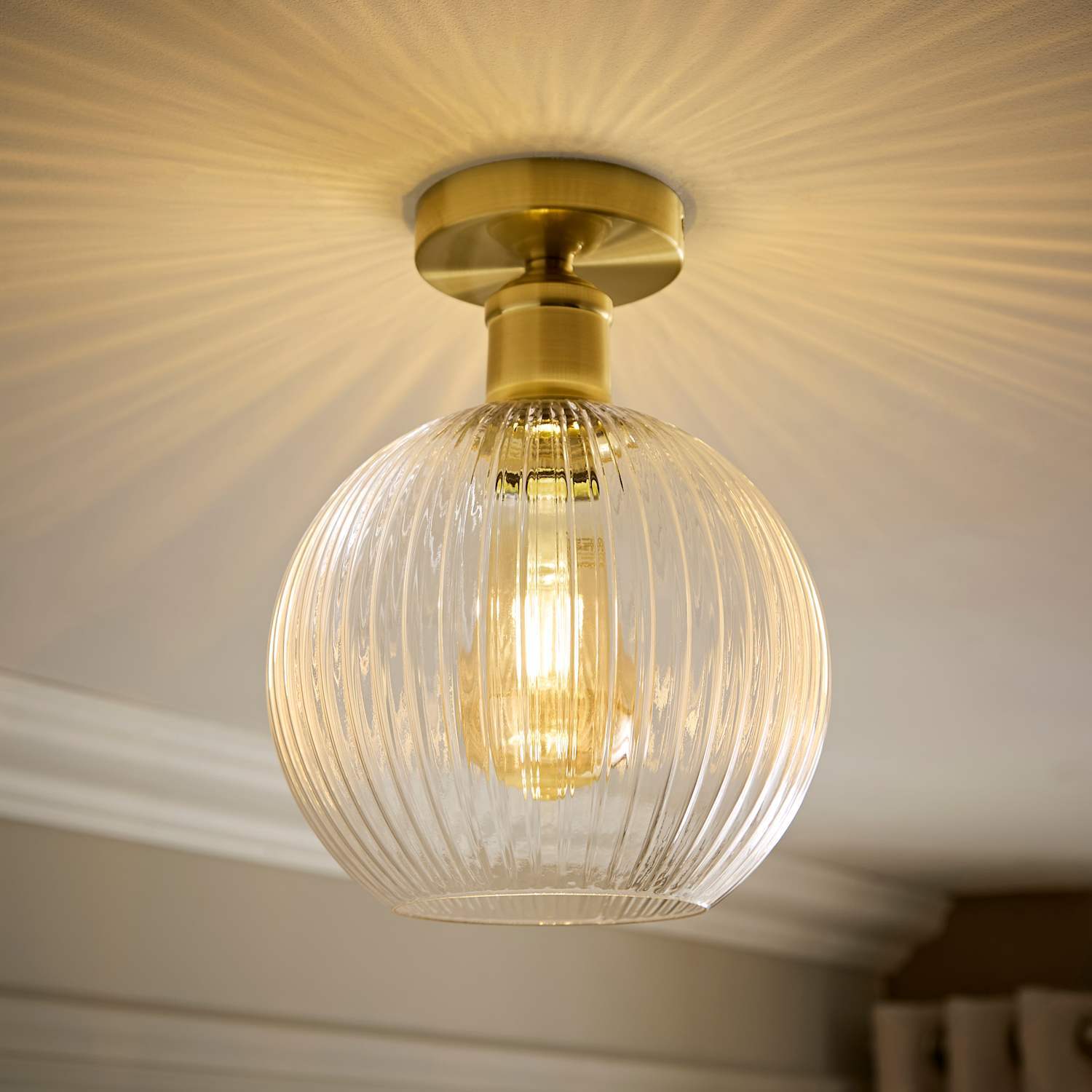 Valuelights Maddison Clear Ribbed Glass Globe Shades Flush Ceiling Light - Brushed Gold / 0