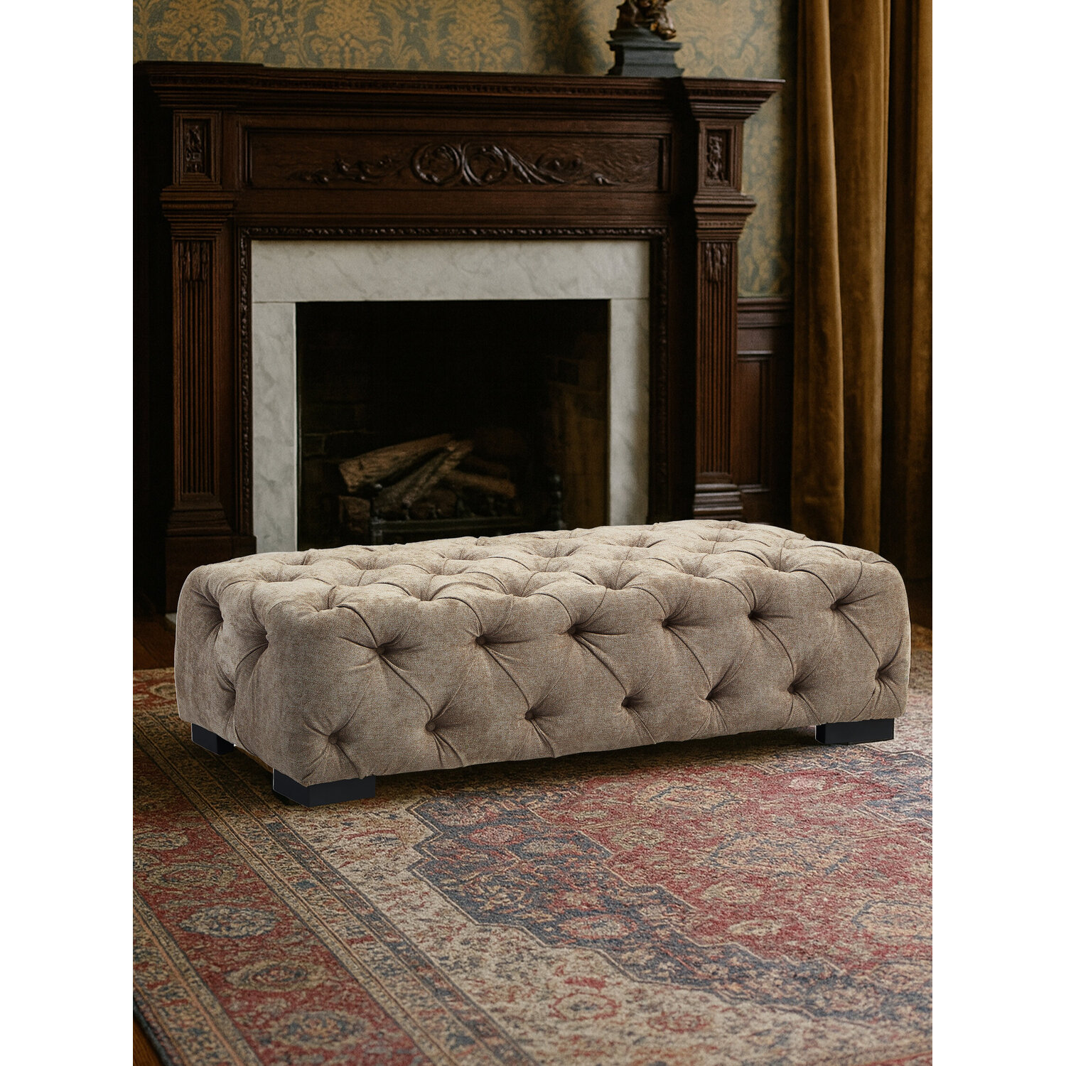 Fenton Natural Fabric Tufted Rectangular Footstool - Natural