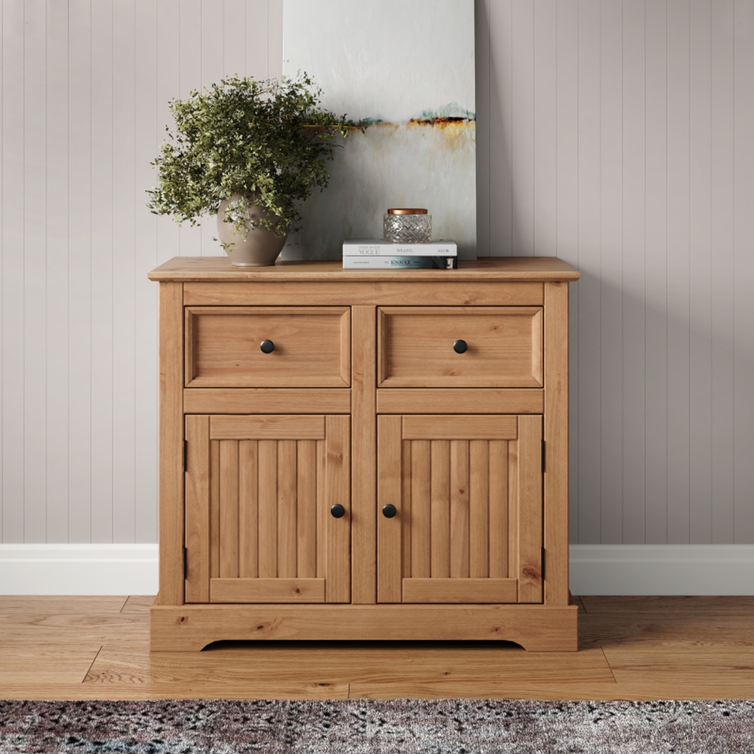 Country Antique 2 Door 2 Drawer Sideboard Solid Wood Pine Wooden Cupboard - Antique Wax
