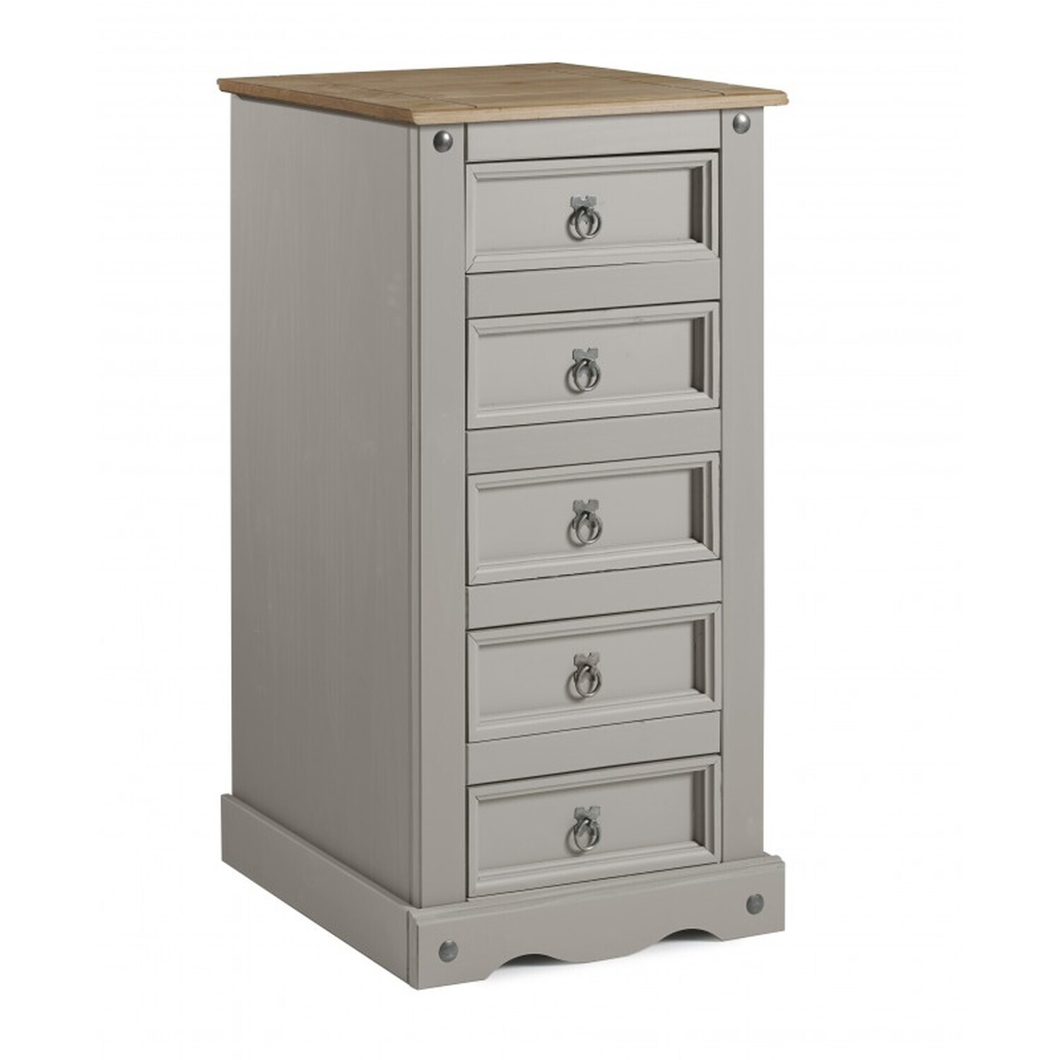 Corona Grey Wax 5 Drawer Narrow Chest Solid Wood Pine Wooden - Distressed Grey Wax