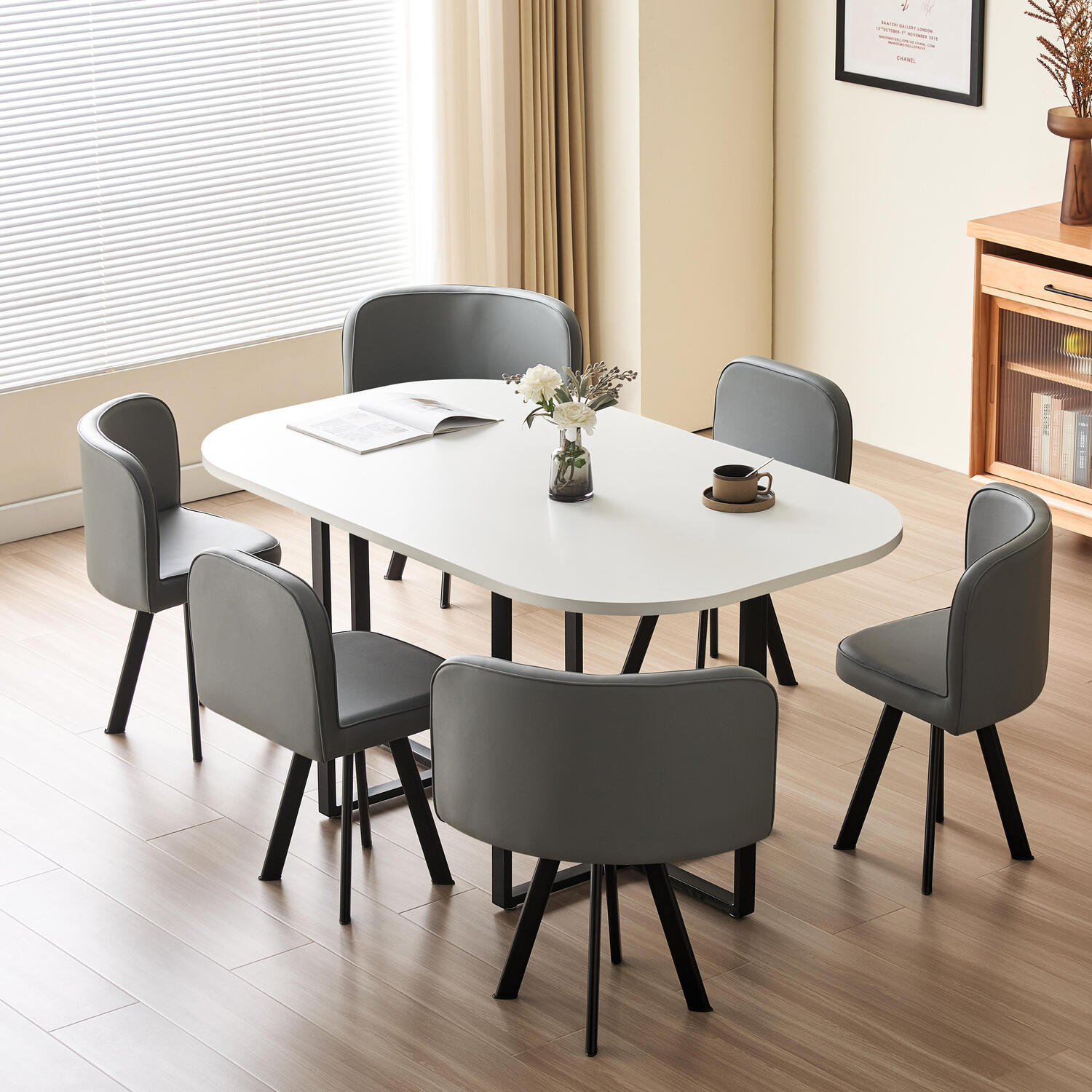 150cm White Square Dining Table With 6 Chairs - Grey Melamine Metal