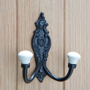 Ornate Double White Ceramic Coat Hook - W100mm x H115mm - Black - Pack of 5