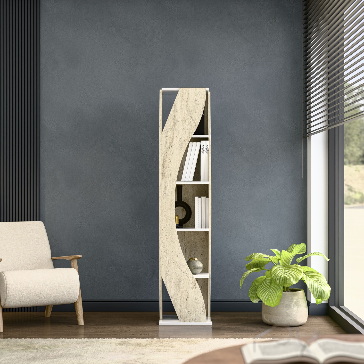 Decorotika Reva Corner Bookcase - Travertine And White