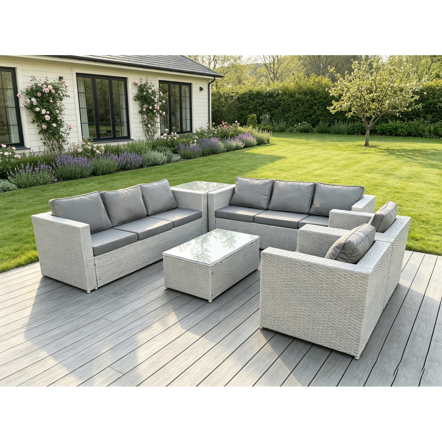 Fimous Light/Grey 6 Pc Outdoor Pe Rattan Garden Furniture Set Wicker Sofa Coffee Table 2 Armchair - Image 2