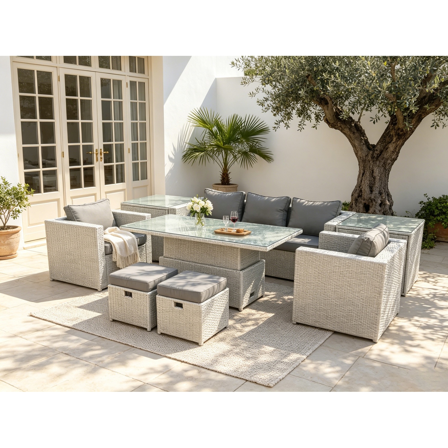 Fimous Rattan Garden Funiture Set 2 Arm Chair 2 Side Table Stools - Light Grey Mixed
