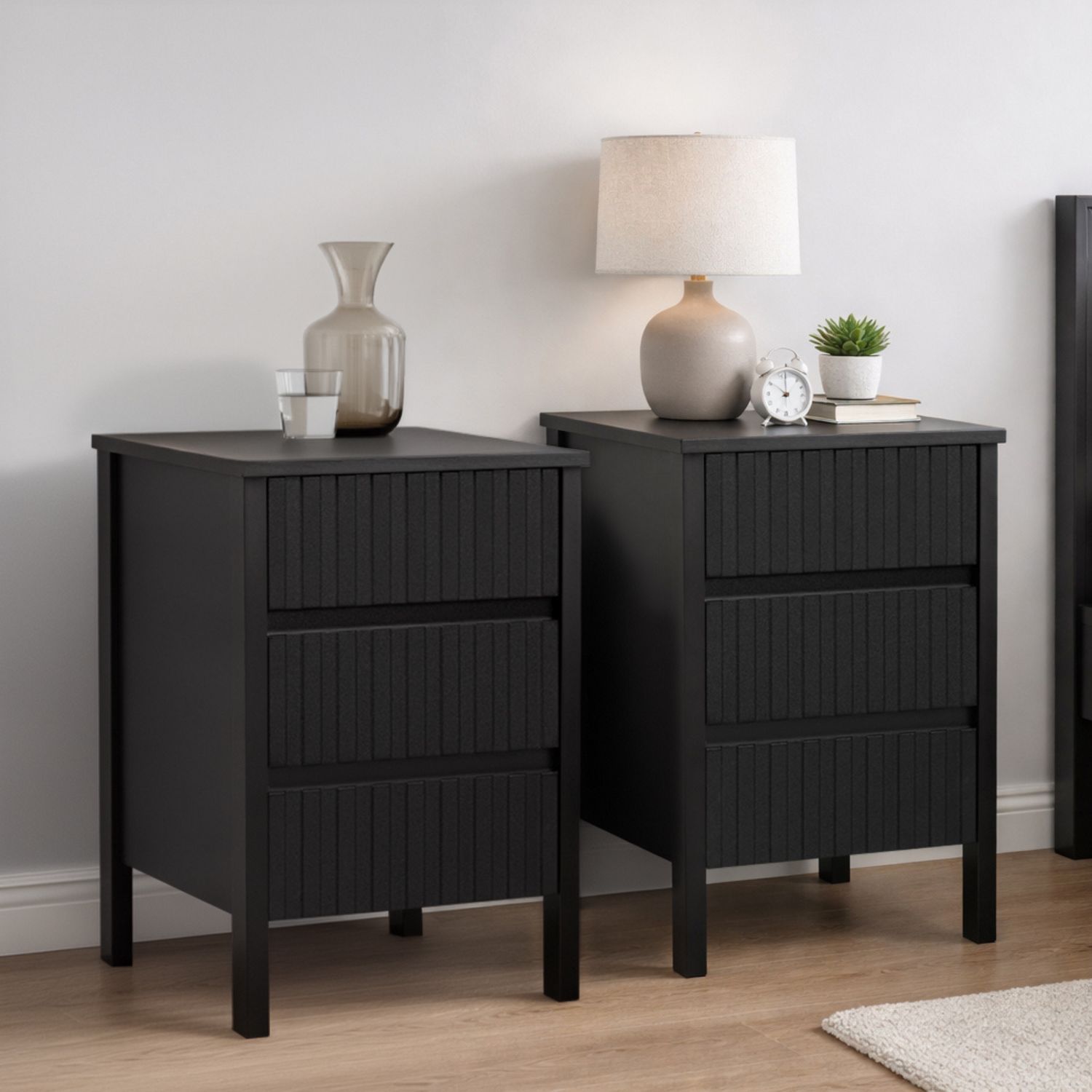 Birlea Pair Of Axis 3 Drawer Fluted Bedside Cabinet Chest Table Black - Black