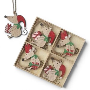 Set of festive mice Wooden Christmas Tree Decorations