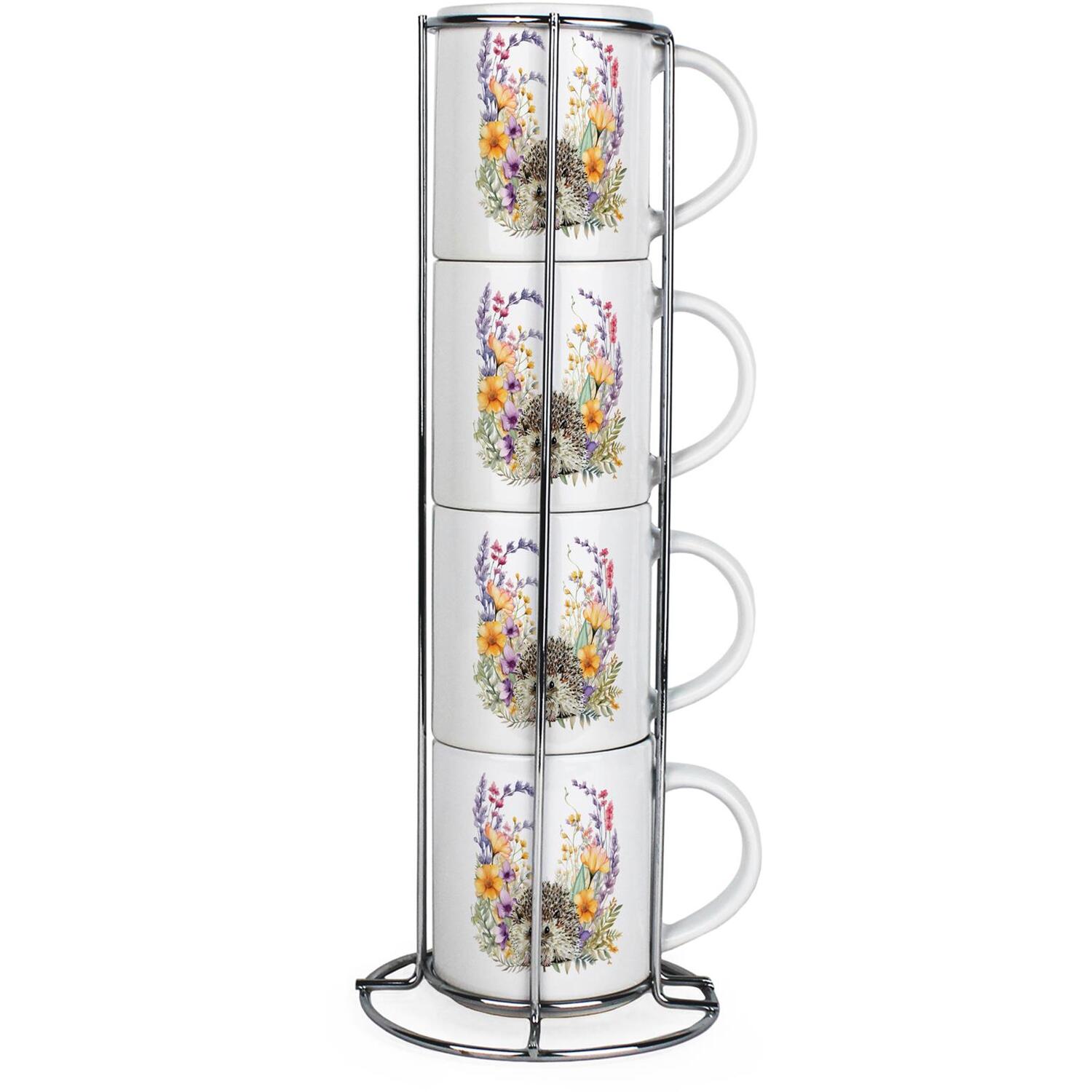 Purely Home Floral Hedgehog Small Stacking Mugs Gift - Set Of 4 Ceramic Cups With Metal Stand - Multicoloured