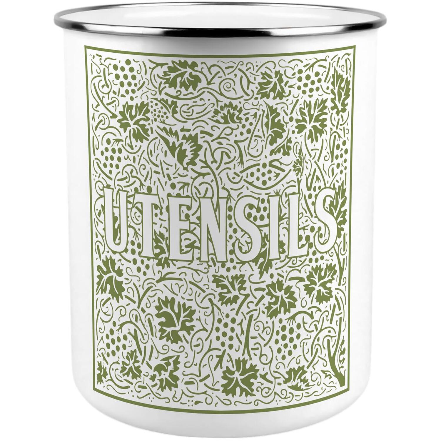 Green Oak Leaves & Berries Utensil Pot - Enamel XL Kitchen Organiser Decor Gift - Image 2