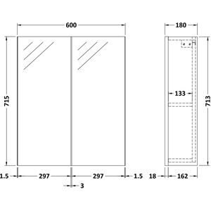 Balterley 600 Mirror Cab-50/50 Split ( Deep) - 180mm - Satin Grey