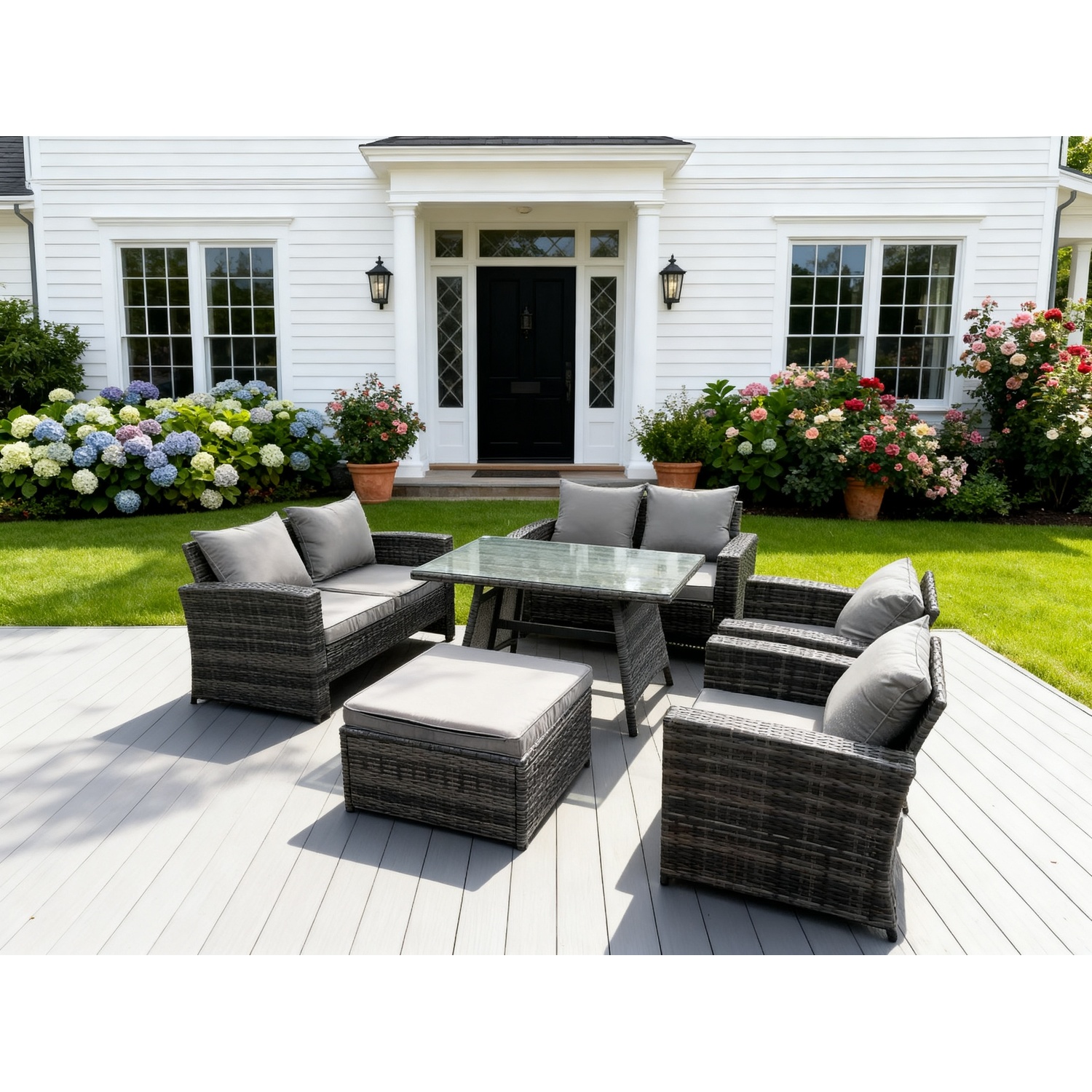 Fimous 7 Seater Outdoor Dark Grey Mixed High Back Rattan Sofa Dining Table Set Garden Furniture Love Sofa Arm Chair - Image 3