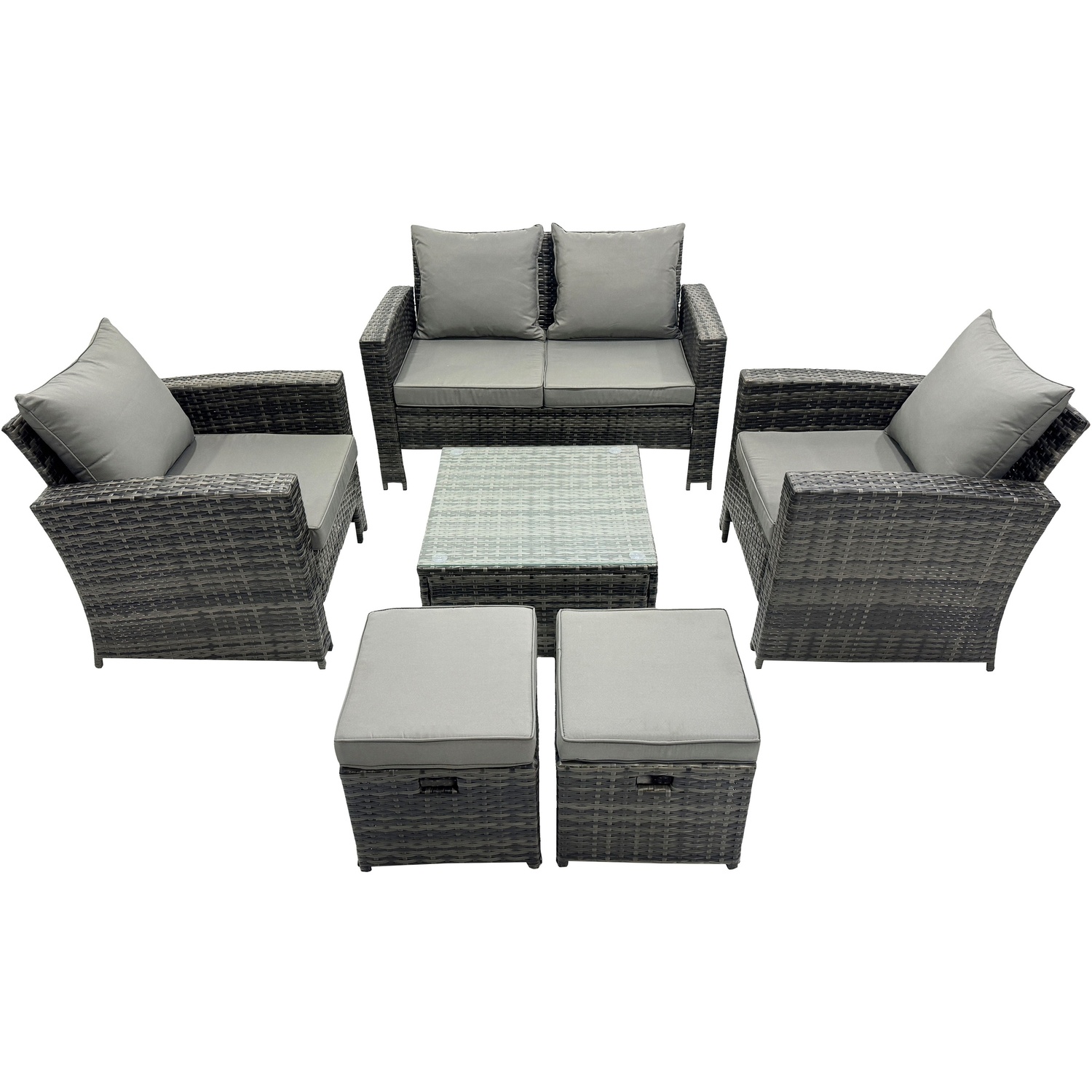 B&Q - 6 Seater Dark Grey Mixed High Back Rattan Sofa Set Square Coffee Table Garden Furniture Outdoor 2 Stools - Image 2