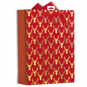 Pack of 12 Red Stag Heads Design Extra Large Christmas Gift Bags