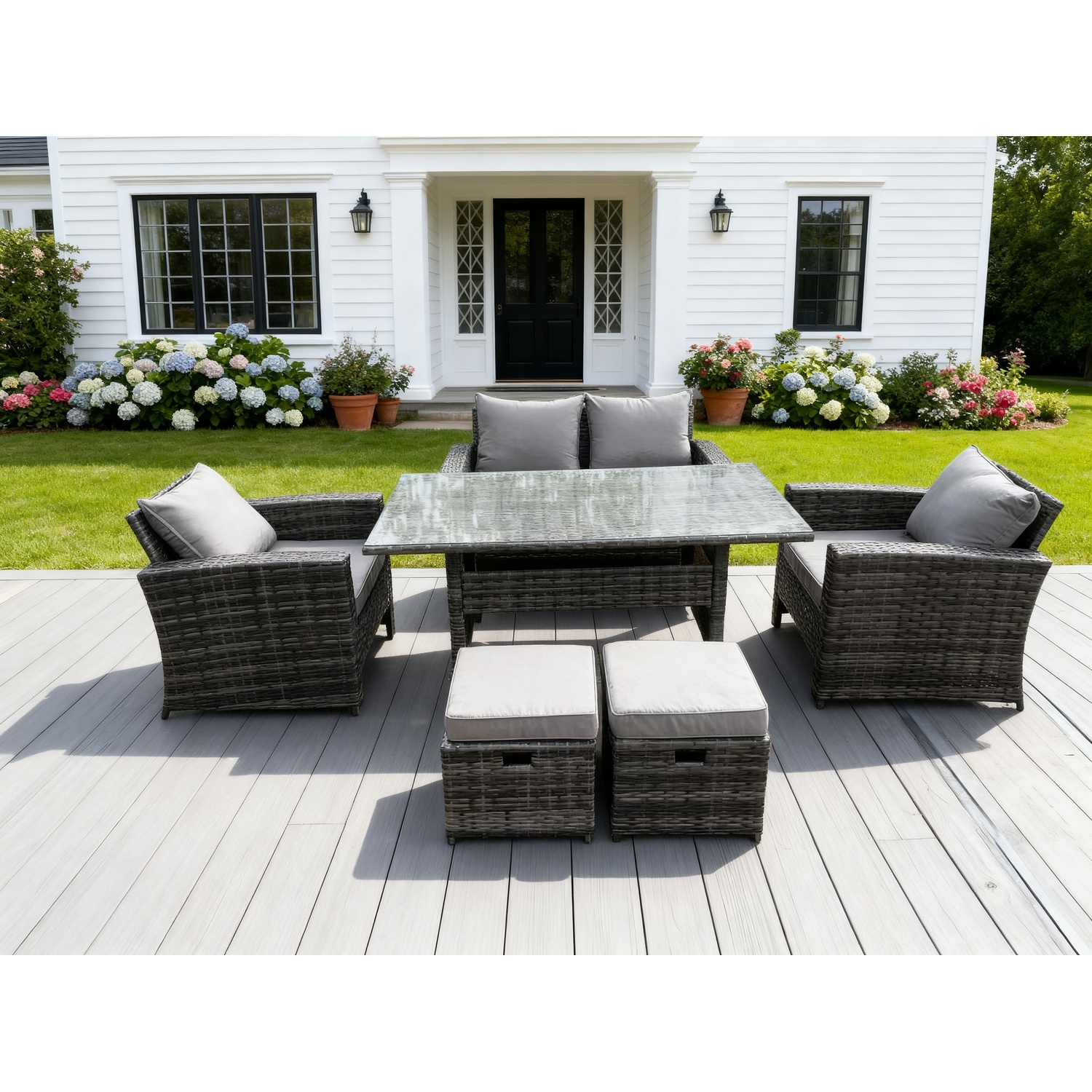 Fimous Unisex Dark Grey Seater Outdoor Mixed High Back Rattan Sofa Double Sofa Dining Table Set Garden Furniture Stools Size 6 - Image 2