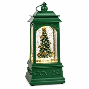 21cm Dual Powered Green Christmas Tree Water Spinner Lantern with Warm White LED
