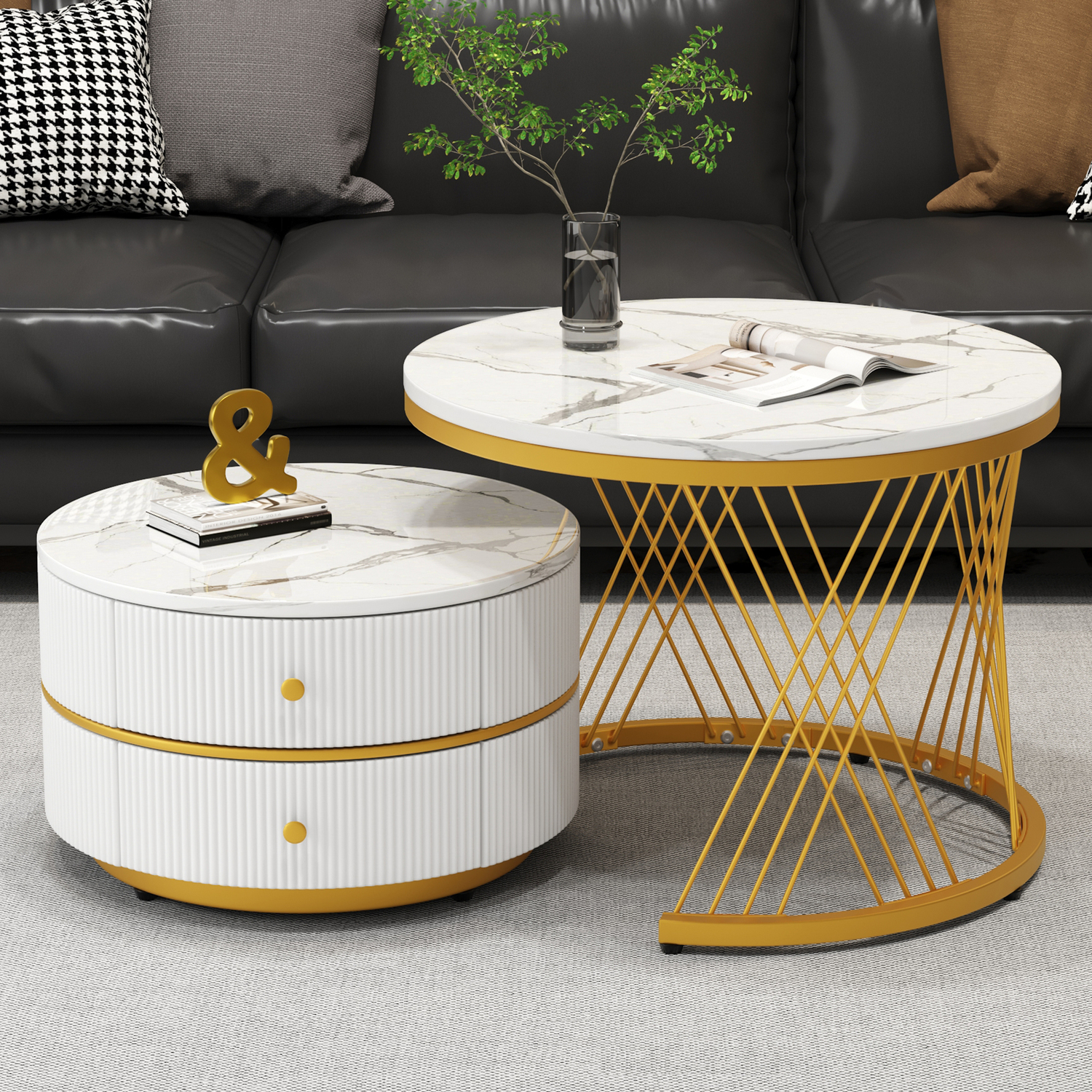 Aka High Gloss Round Nesting Coffee Tables With Marble Top, Storage Drawers & Black Frames - Gold+White