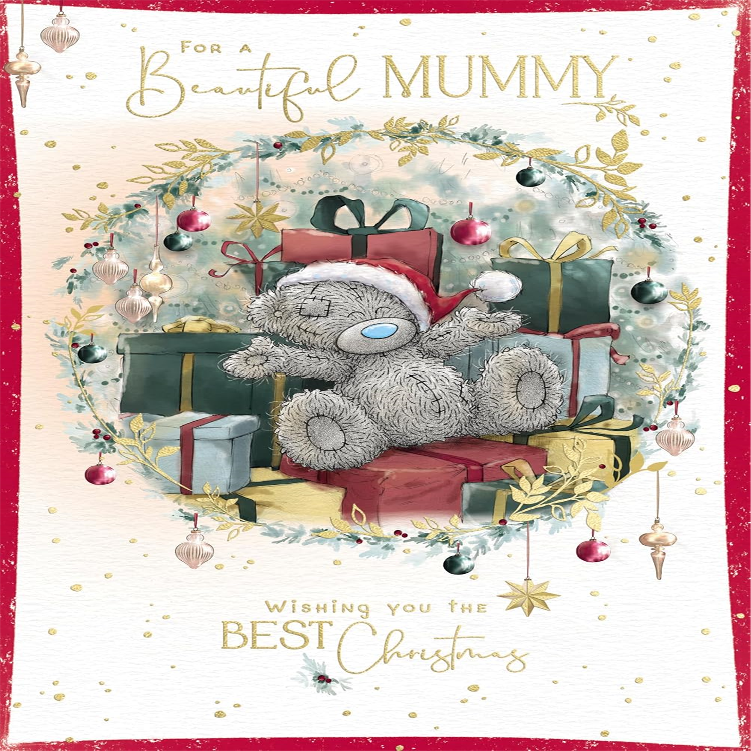 Me To You Tatty Teddy Christmas Card For A Beautiful Mummy, Tatty Teddy Bear Sat Amongst Presents 15.2 x 22.8 cm - Official Collection - Image 3