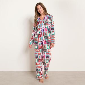 OHS Christmas Postcard Print Matte Velvet Button Through Pyjama Set