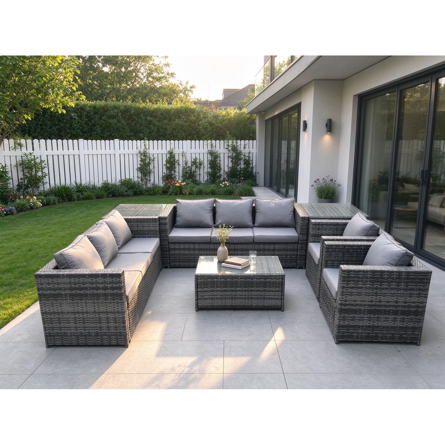 Fimous Dark/Grey Wicker Pe Rattan Sofa Set Outdoor Patio Garden Furniture With 2 Armchairs Oblong Coffee Table 2 Side Tables Mixed - Image 2