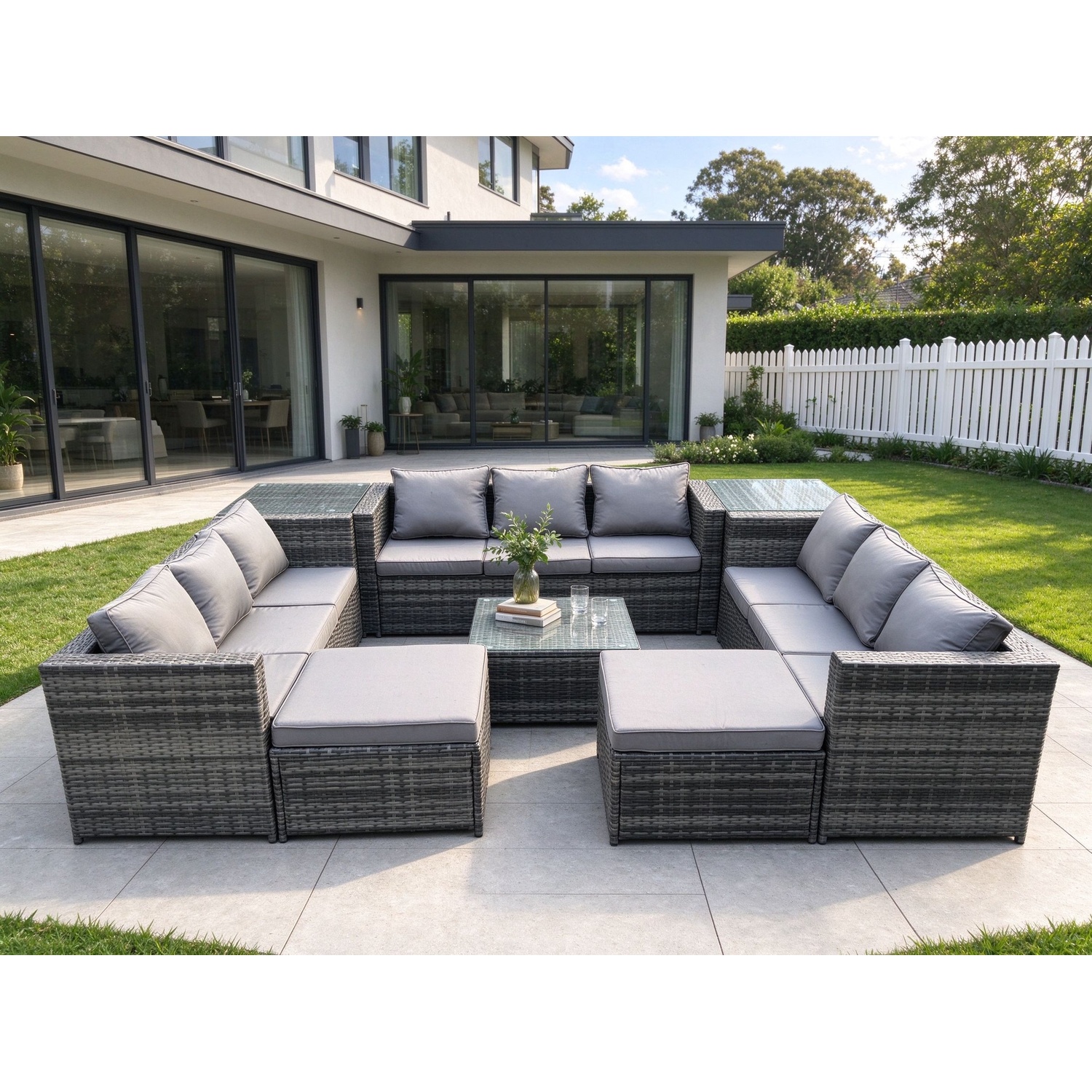 B&Q - Outdoor Rattan Garden Furniture Set Patio Lounge Sofa Set With 2 Side Tables Square Coffee Table 2 Big Footstool - Image 2