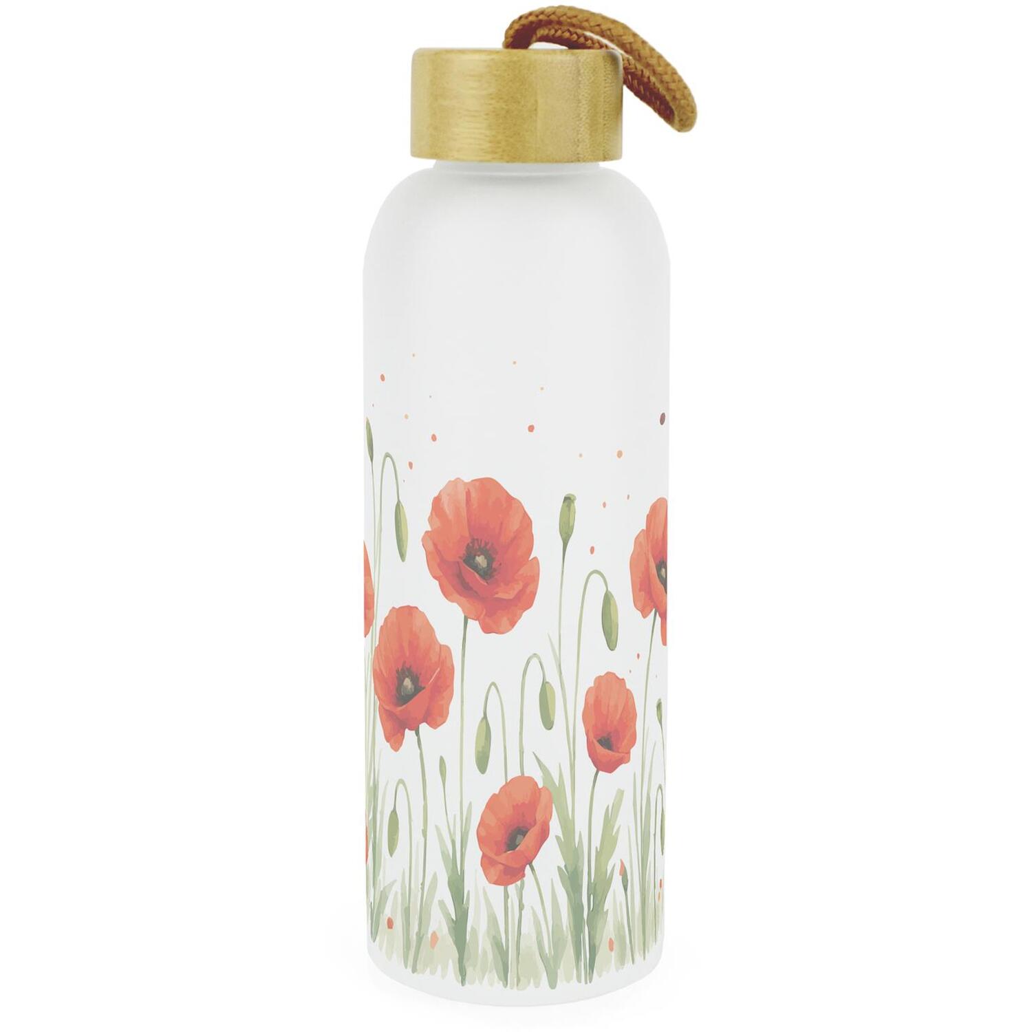 Purely Home Red,Green Summer Poppies Glass Water Bottle - Floral Drinkware Gifts For Her - Reusable Drinks Bottle With Wooden Screw Lid 750Ml - Image 3