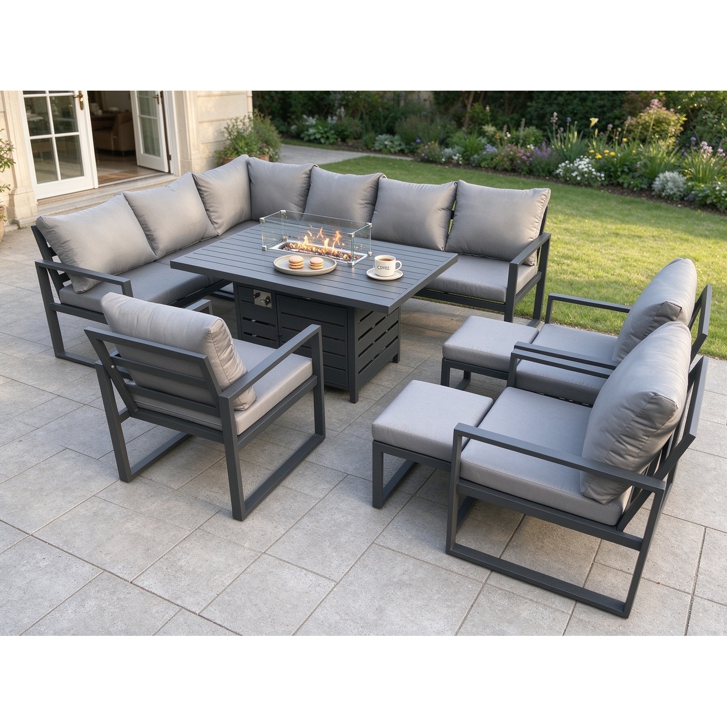 Fimous Unisex Dark Grey Aluminium Patio Outdoor Garden Furniture Corner Sofa Set Gas Fire Pit Dining Table With Chairs 2 Footstools Size 3 - Image 2