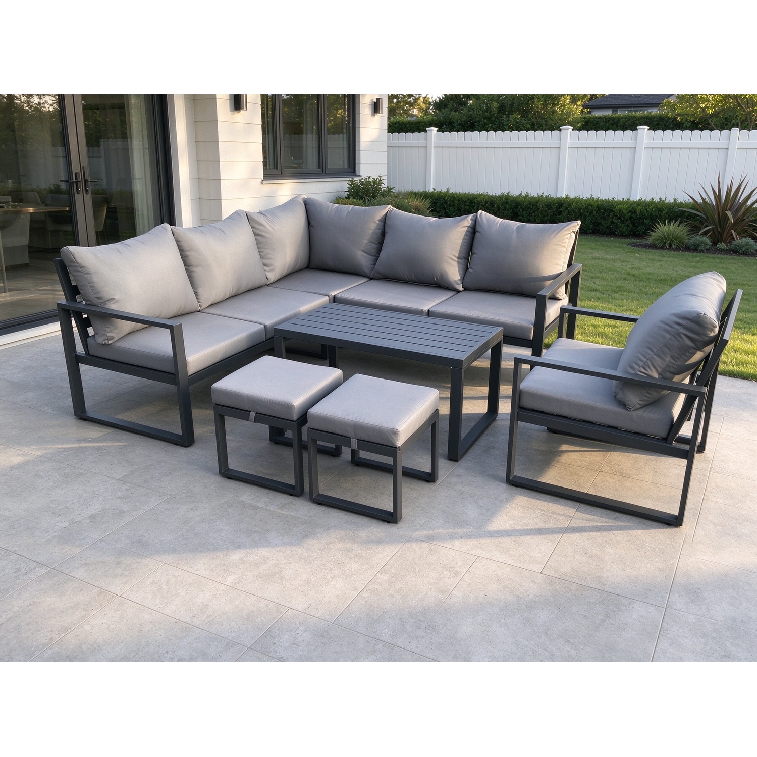 Fimous Unisex Dark Grey Aluminium Outdoor Garden Furniture Set Lounge Sofa Oblong Coffee Table Sets With Chair 2 Footstools Indoor Conservatory Set Small - Image 2