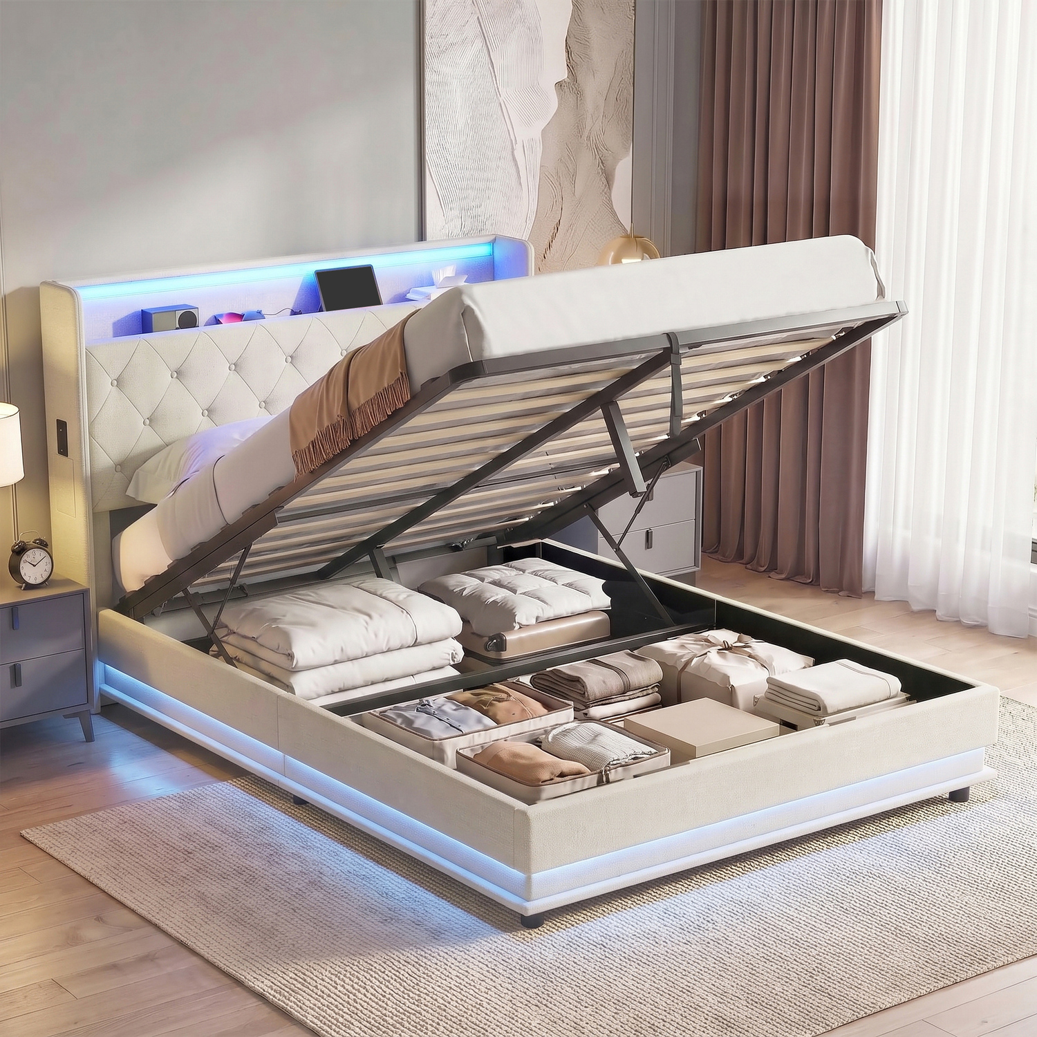 Homcom Cream 4Ft6 Double Bed Frame With Headboard, Platform Bed Frame With Hydraulic Storage, Led Lights And Charging Station, - Image 2