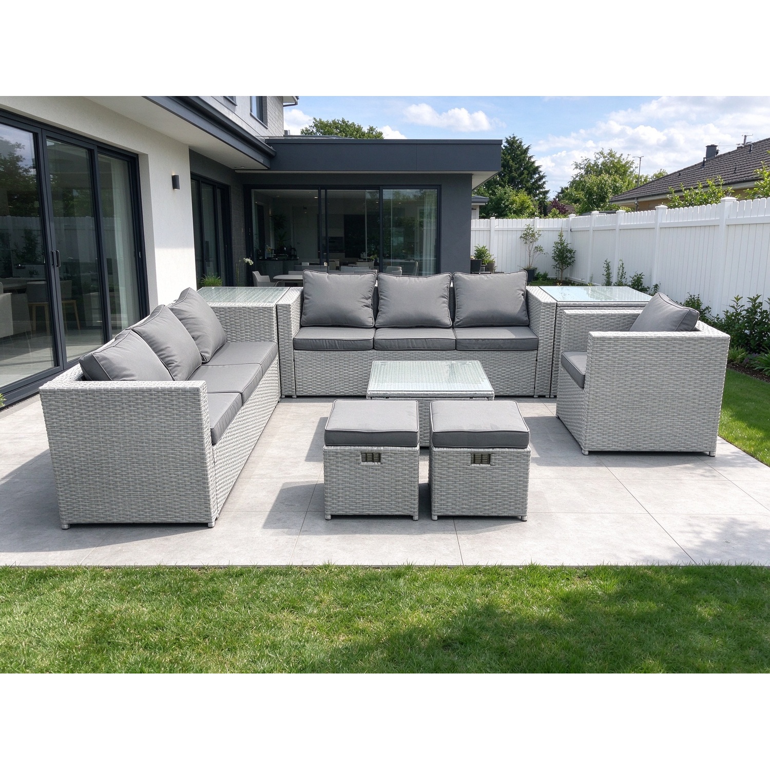 B&Q - Wicker Pe Rattan Sofa Garden Furniture Set Armchair Square Coffee Table 2 Small Stools 2 Side Tables Light Grey - Image 2