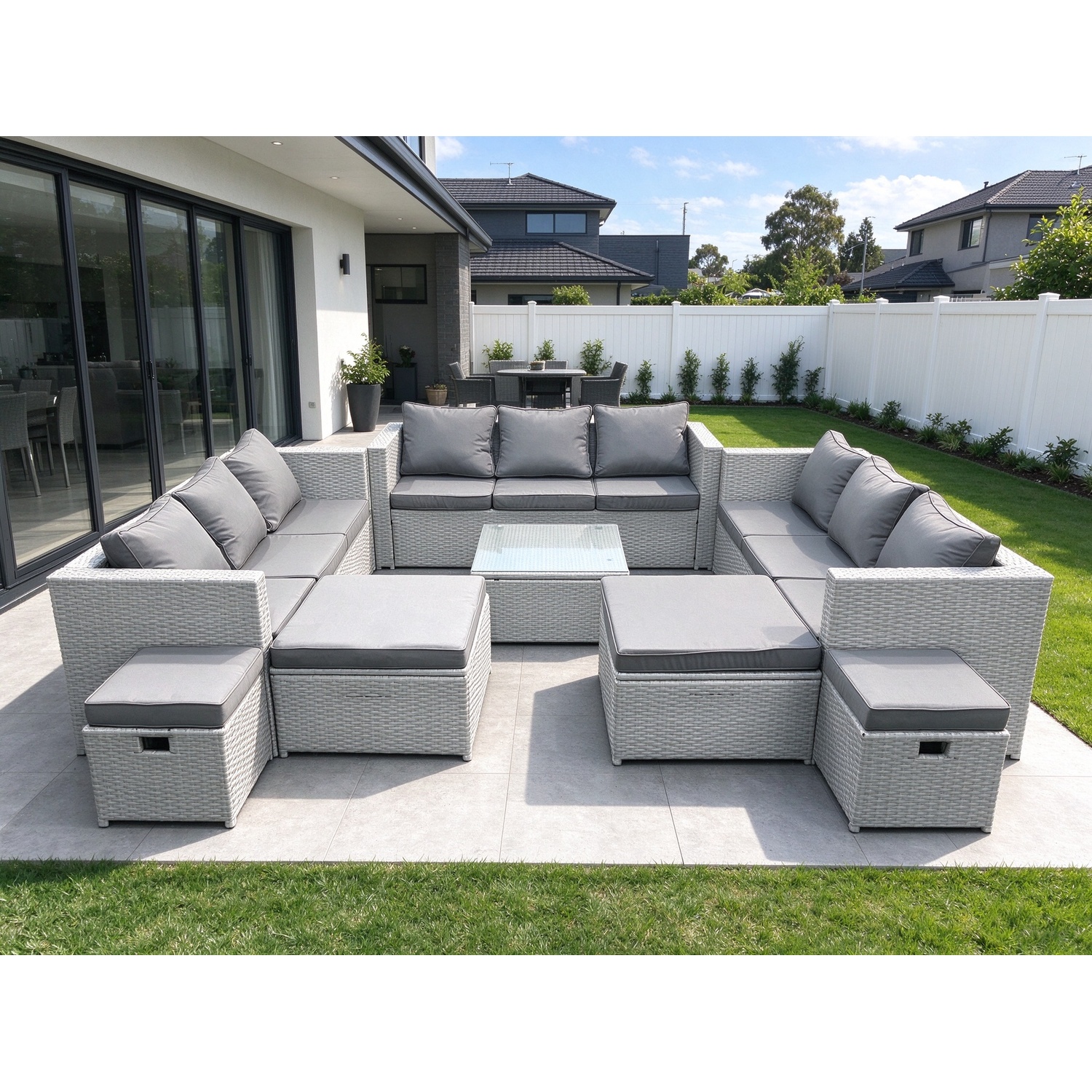 Fimous Light/Grey Rattan Garden Outdoor Furniture Set 13 Seater Rattan Garden Sofa Set With 4 Footstools Mixed - Image 2