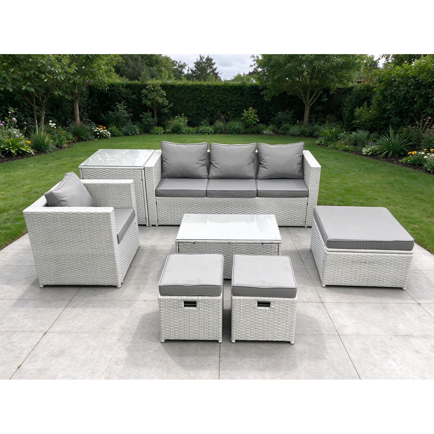 Rackhams Light/Grey 7 Pieces Rattan Garden Furniture Set Outdoor Garden Sofa Chair Coffee Table Set With Side Table 3 Footstools Mixed - Image 2