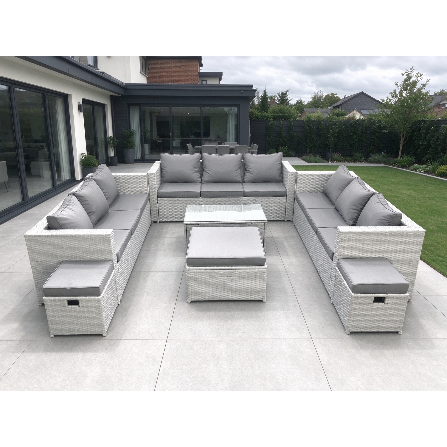 Fimous Rattan Garden Outdoor Furniture Set 12 Seater Garden Sofa Coffee Table Set With 3 Footstools Light Grey Mixed - Image 3