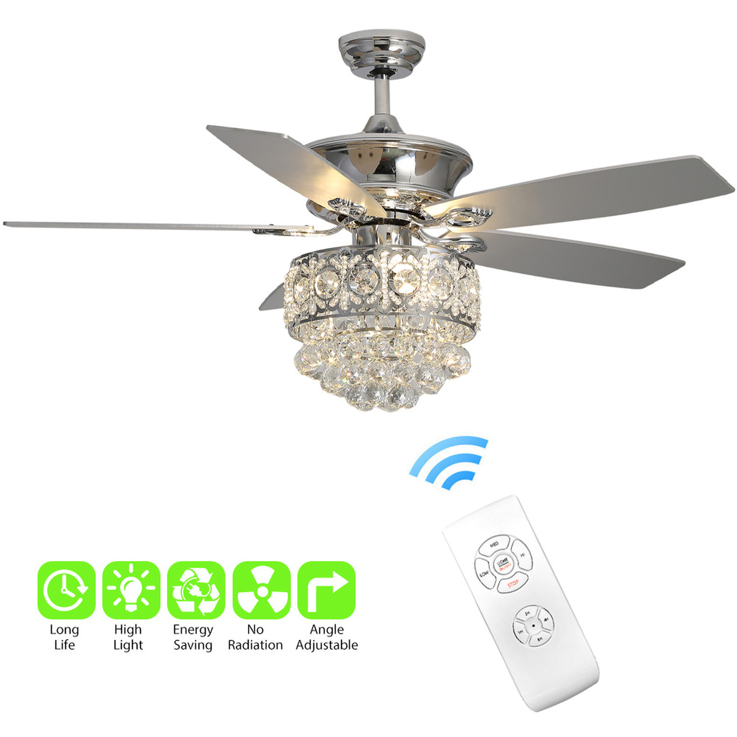 Ceiling Fan Light With Crystal Pendant Decoration - Chrome